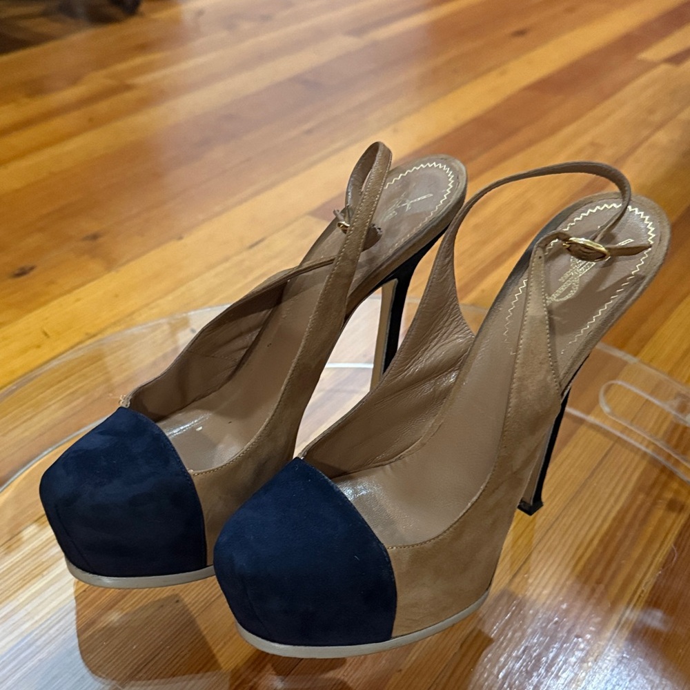 Yves Saint Laurent Tan and Navy Heels